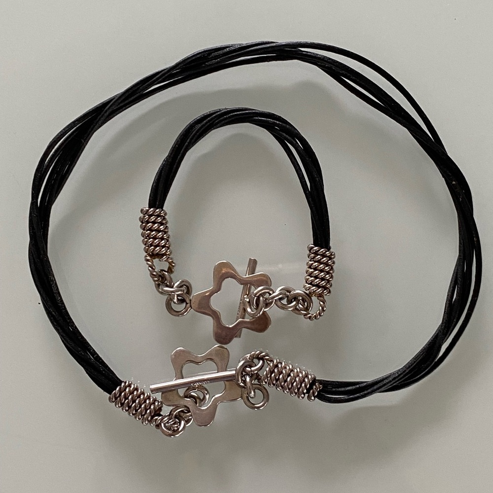 Mexico Sterling Silver Montblanc* Black Leather Cord Necklace & Bracelet Set - Picture 2 of 5